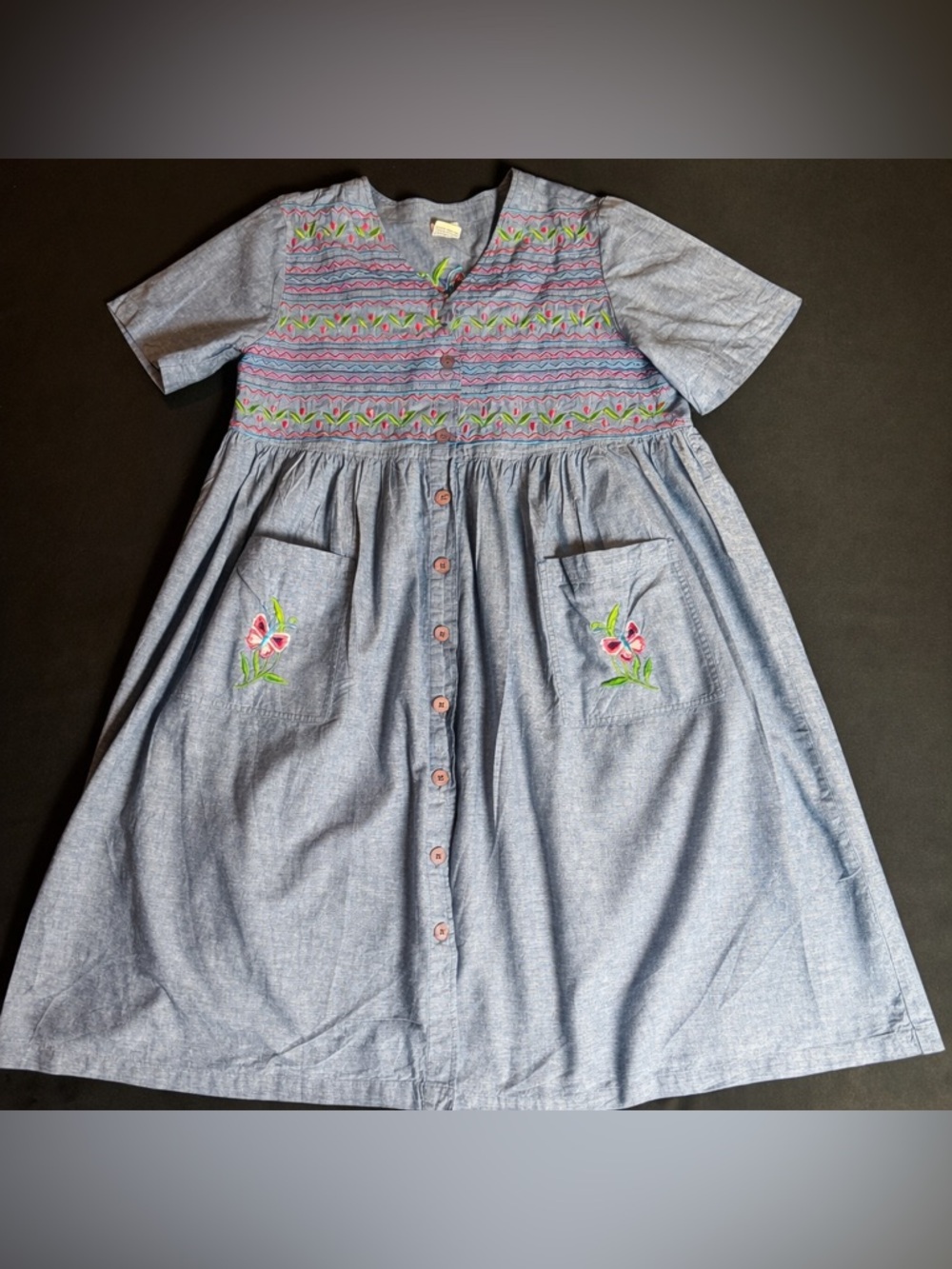 Bechamel Chambray Embroidered Prairie Dress Large Cottagecore Boho Vintage